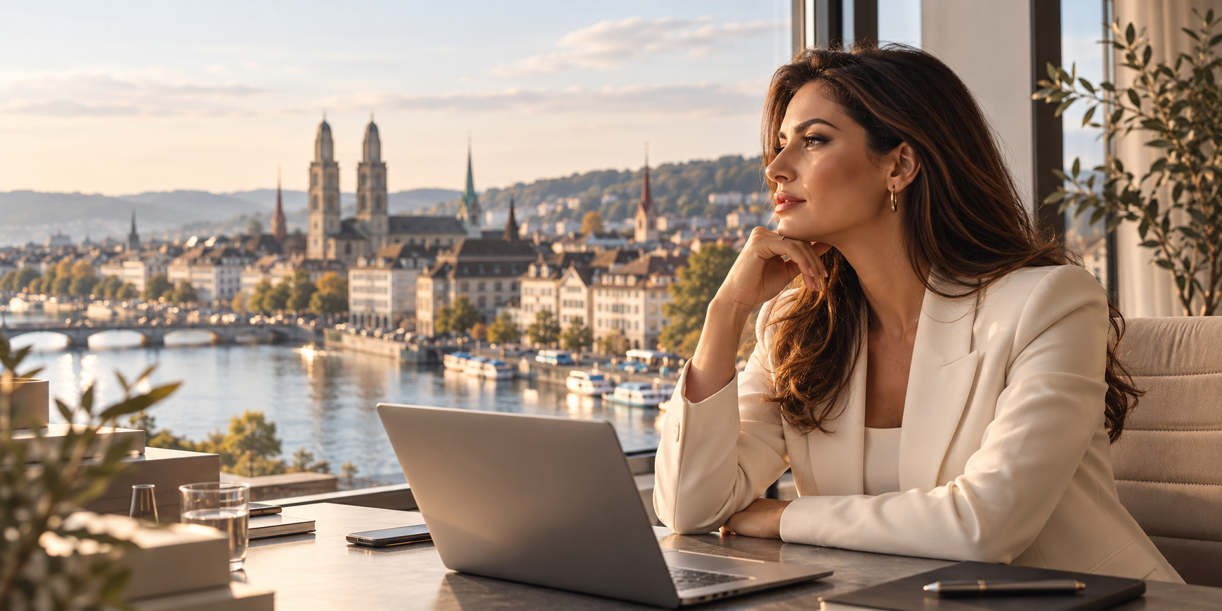 Unternehmerin in einem hellen Büro mit Blick auf die Zürcher Altstadt