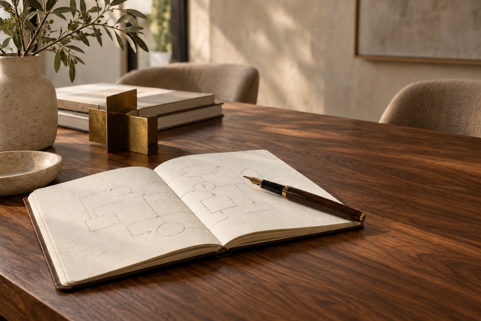 Notizbuch mit Planungsskizzen und Stift auf einem eleganten Holztisch